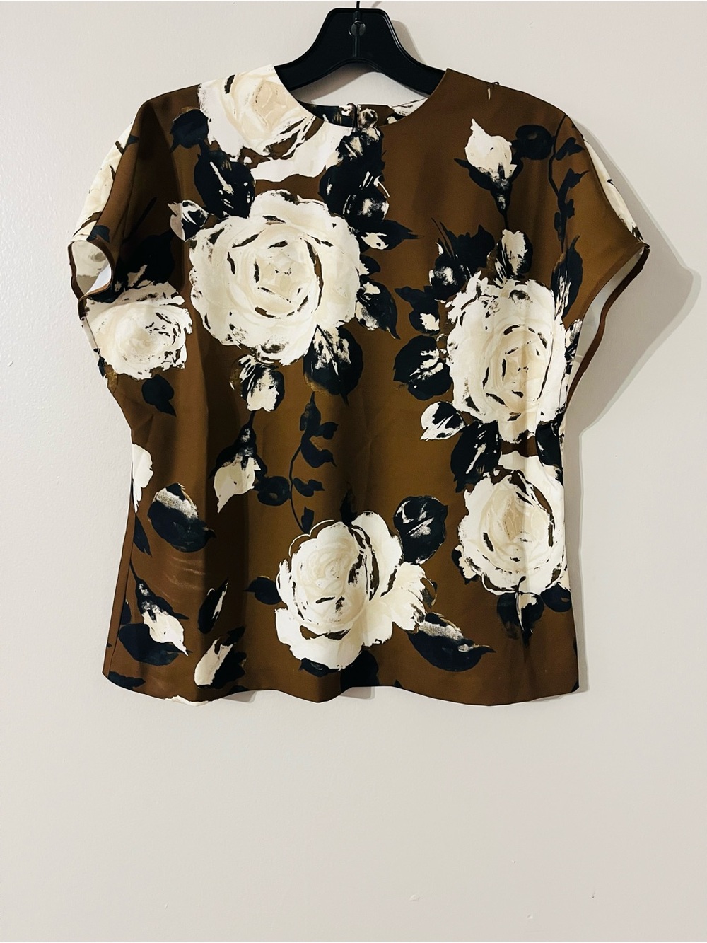 Pearl by Lela Rose Brown & Cream Graphic Floral Short Sleeve Top Sz L